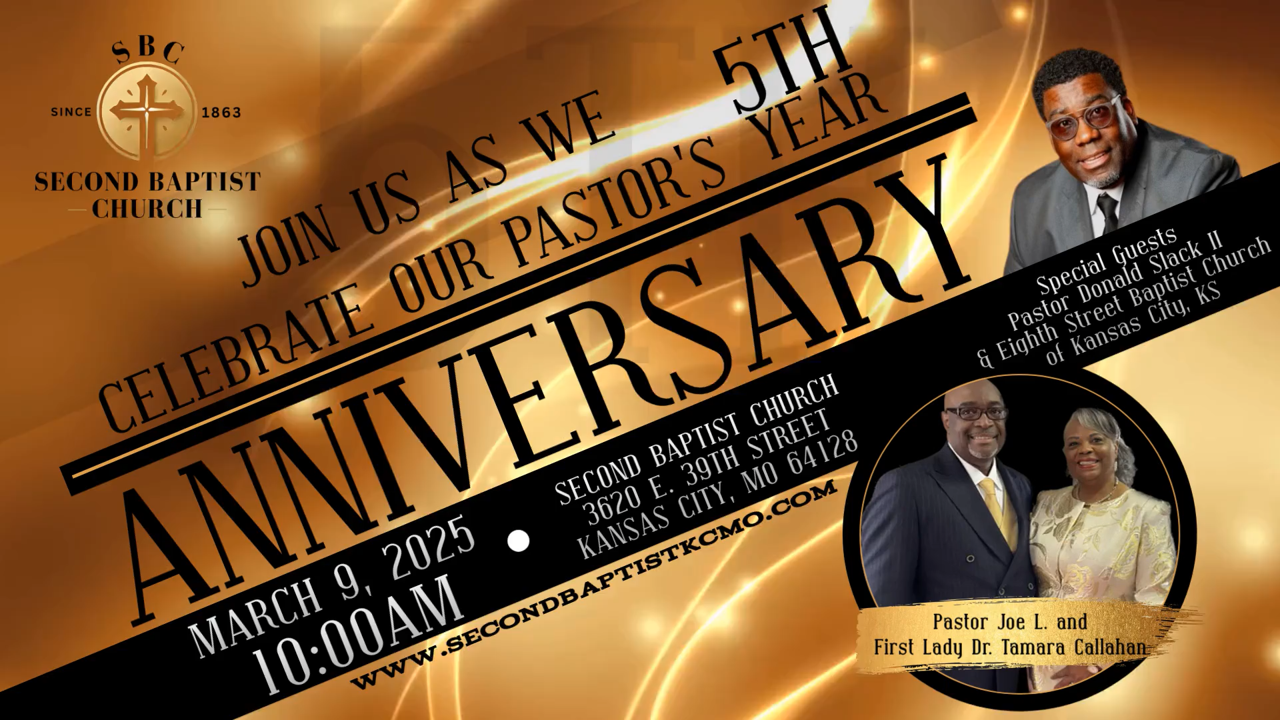 Morning Service: Pastor & Wife 5th Anniversary
Speaker: Rev. Donald Slack, II
Senior Pastor, Eight Street Baptist Church, KCK
Text: John 4:1-28
